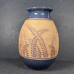 Vintage Meredith Cooke Studio Pottery Vase Blue & Tan w/ Incised Wheat Design